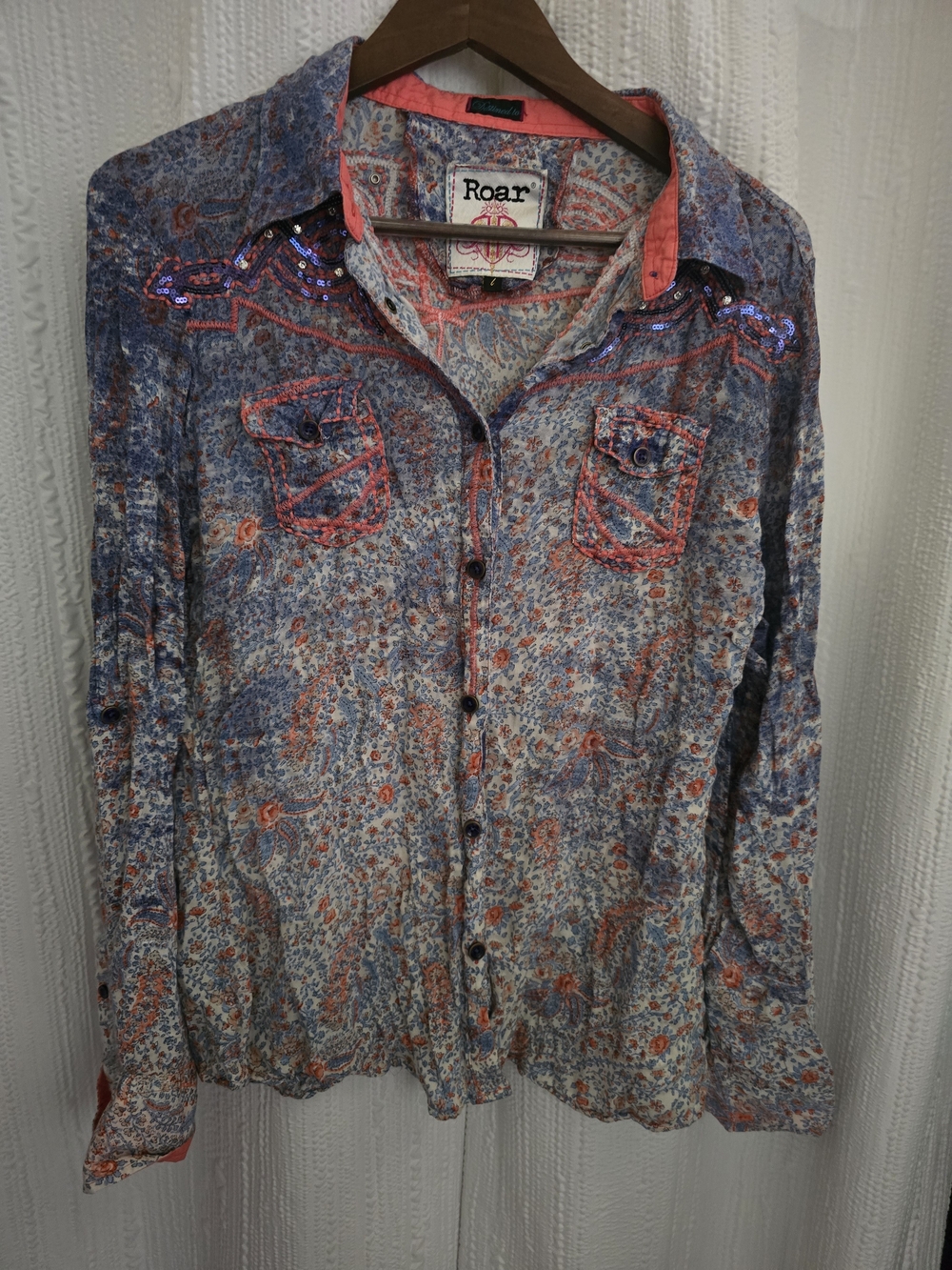Roar Womens LARGE Blue and Coral Paisley Button-Down Shirt with Sequin Accents